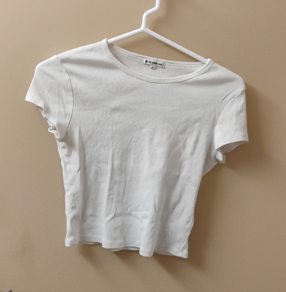Reformation Ribbed Crewneck Babydoll Crop Tee Shirt Sz L